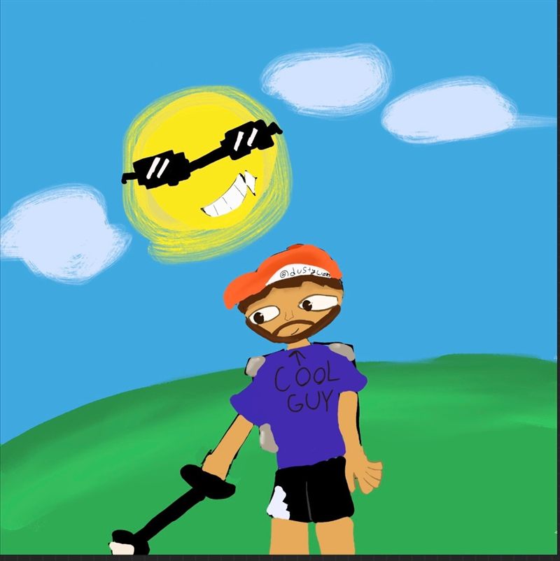 The Dustywalks77 drawing: Dusty stands on a green hill in an orange cap and a purple shirt that says COOL GUY, holding a trash grabber, under a blue sky with white clouds and a smiling yellow sun wearing black sunglasses.