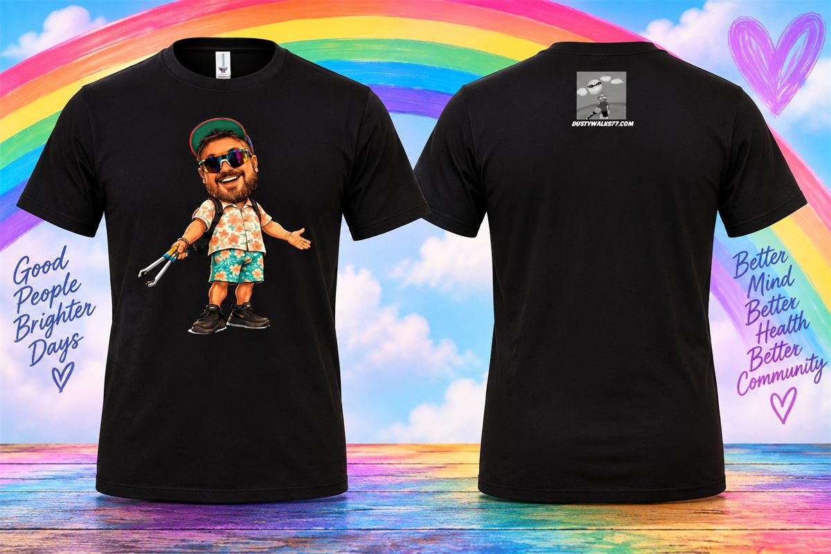 Two Dustywalks77 fundraiser t-shirts for Jordan, front and back, against a painted rainbow background reading "Good People Brighter Days" and "Better Mind Better Health Better Community."
